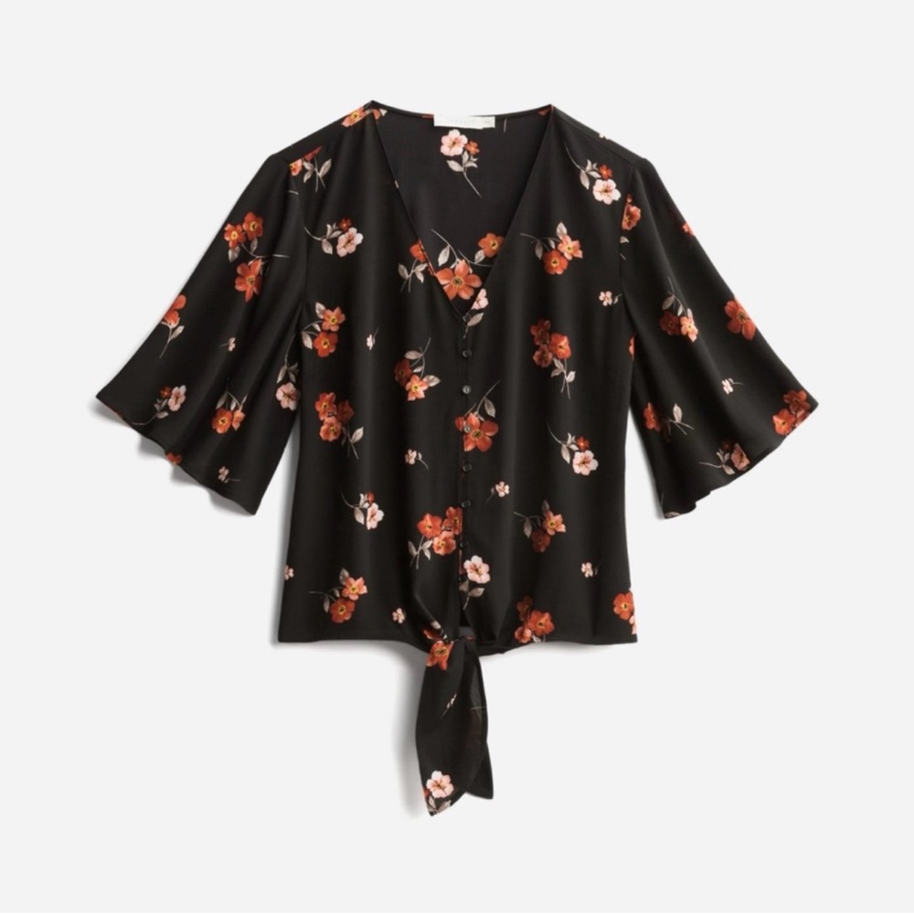 Lush Black Floral Tie-Front Blouse